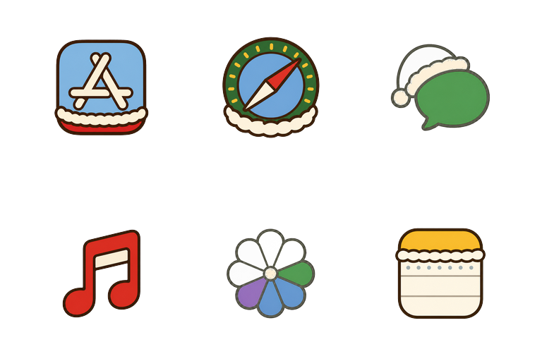 Preview of the Christmas Mac icon theme across apps and folders