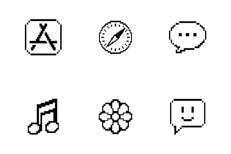 Preview of the Classic Mac 1-Bit Mac icon theme across apps and folders