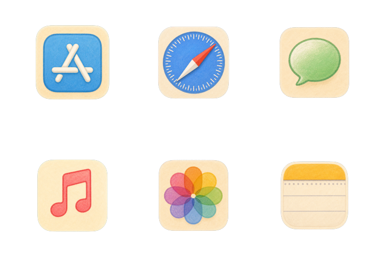 Preview of the Cozy Pastel Mac icon theme across apps and folders