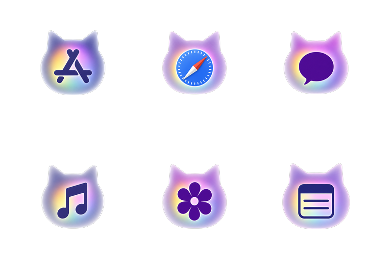 Preview of the Holographic Cat Gel Mac icon theme across apps and folders