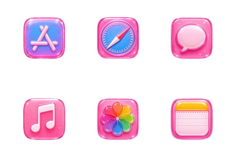 Preview of the Pink Y2K Gel Mac icon theme across apps and folders