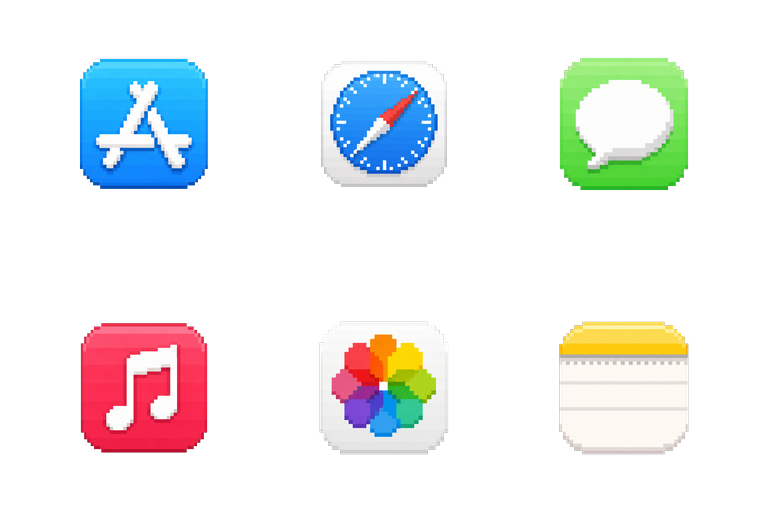 Preview of the Pixel Mac icon theme across apps and folders