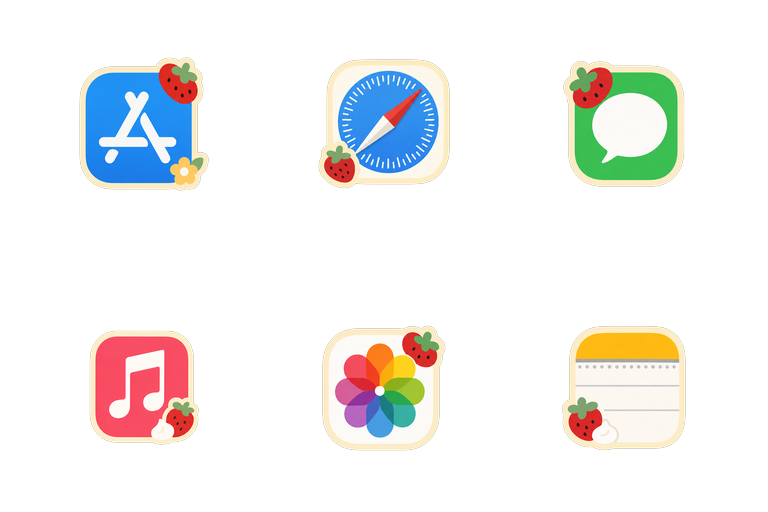 Preview of the Strawberry Solid Mac icon theme across apps and folders